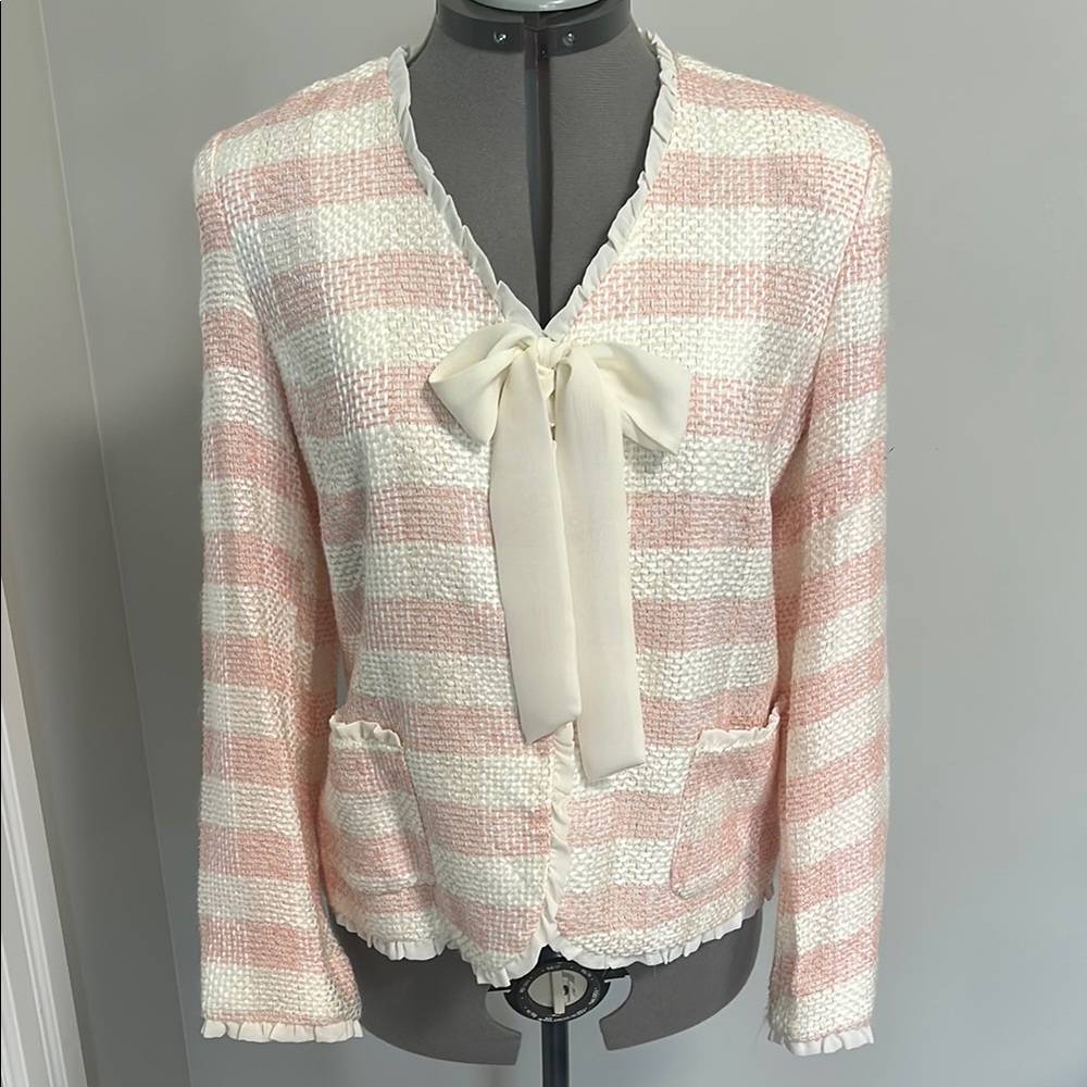 Cream & Pink Striped Tweed Bow-Front Blazer
